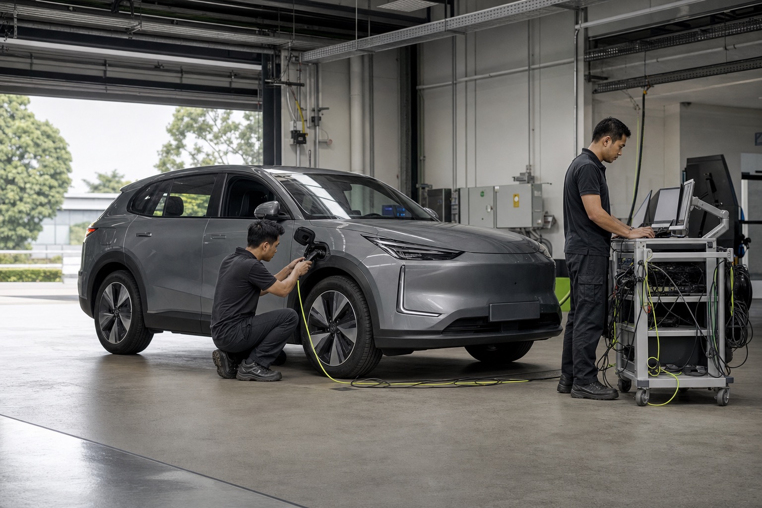Automotive engineers working with a test vehicle in a validation workshop.