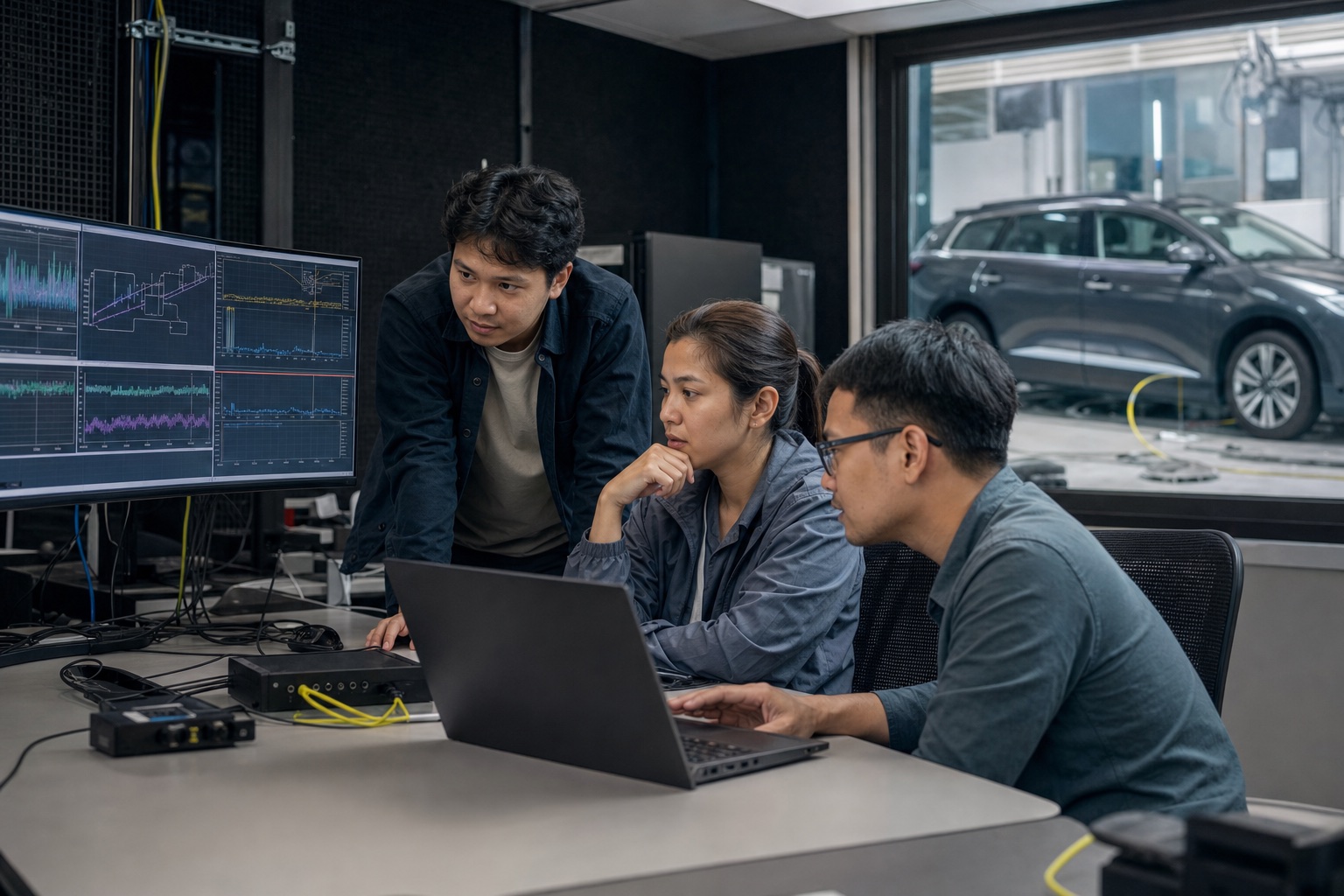 Vehicle and cloud engineers reviewing telemetry together in an operations room.